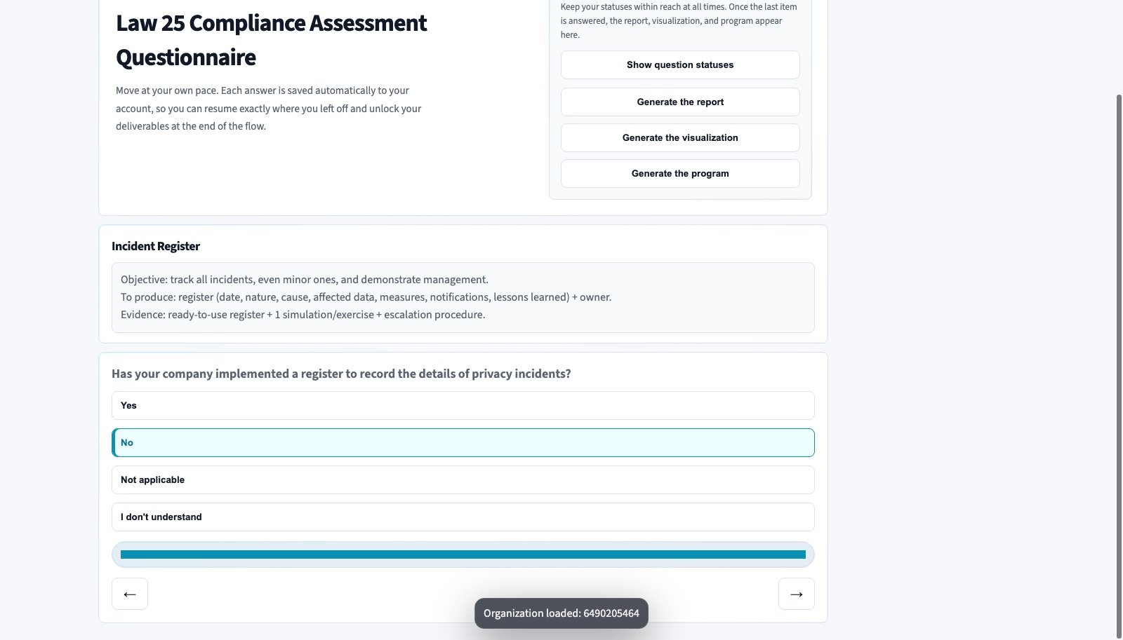 Completed Law 25 questionnaire in PRPscore