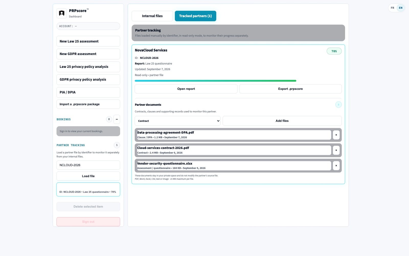 Filled partner file with contracts, clauses and questionnaire