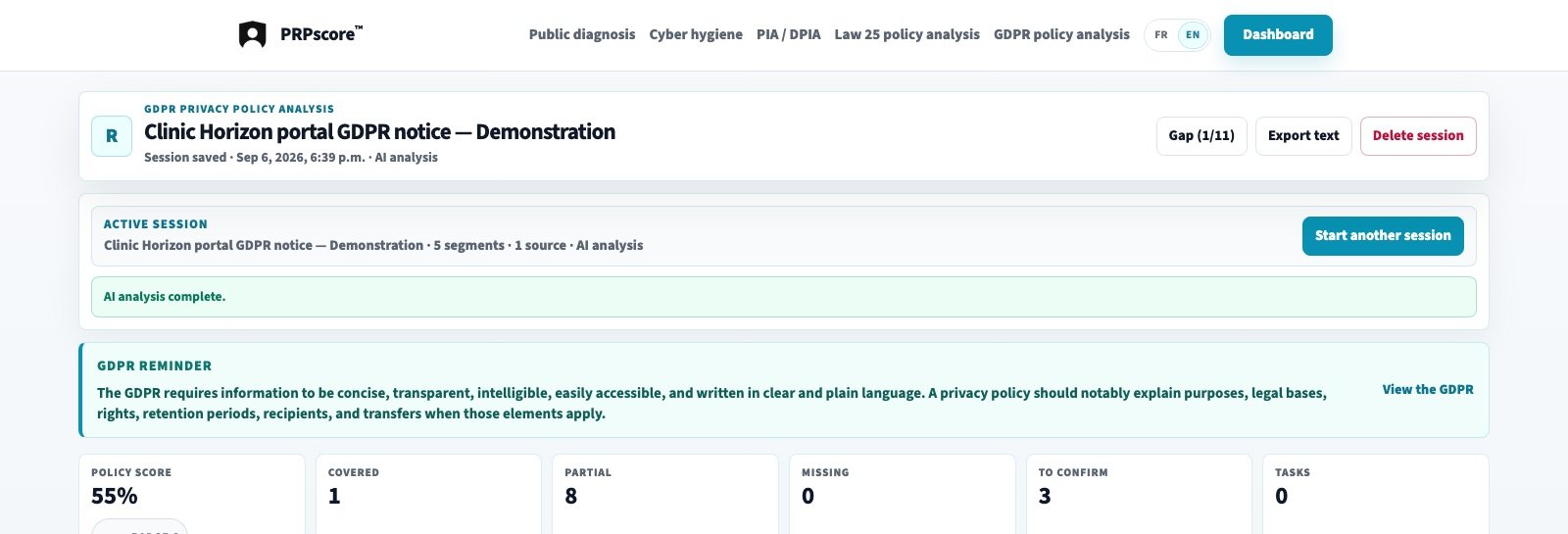 Completed privacy policy analysis results