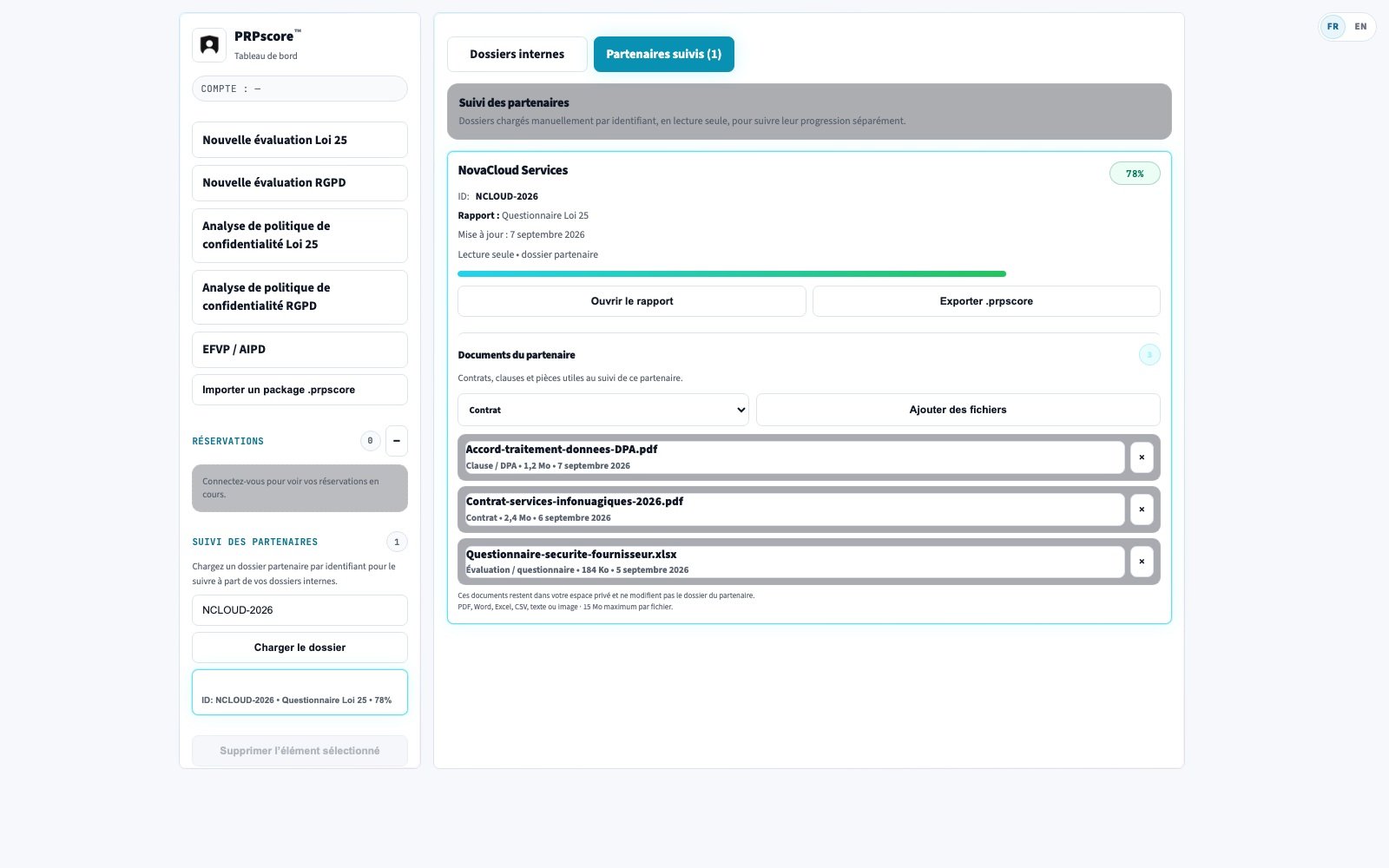 Dossier partenaire rempli avec contrats, clauses et questionnaire