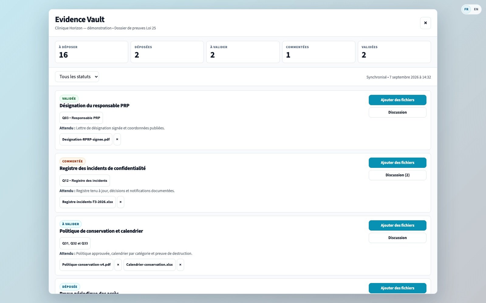 Evidence Vault rempli avec plusieurs statuts et fichiers
