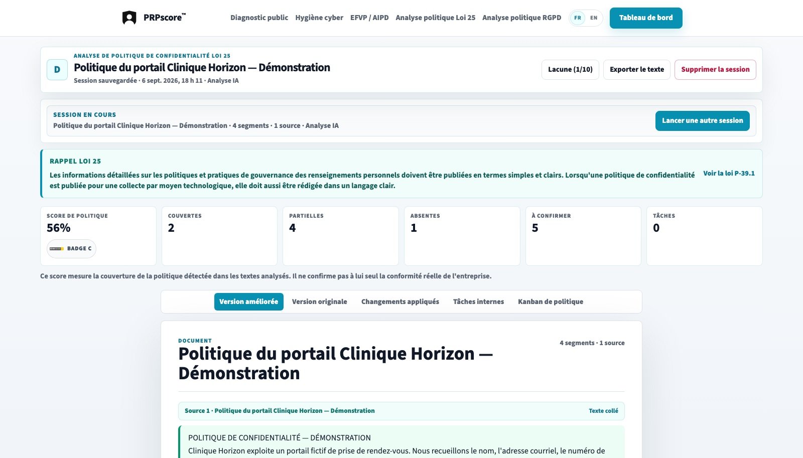 Résultats remplis d’une analyse de politique de confidentialité