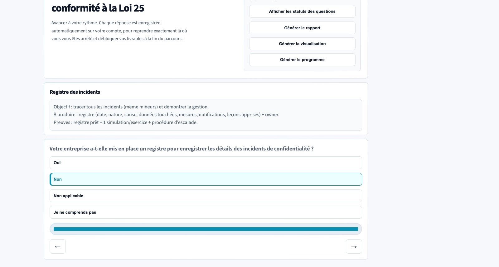 Questionnaire Loi 25 rempli dans PRPscore