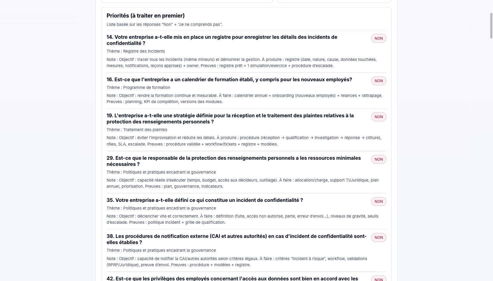 Rapport de conformité professionnel avec résultats détaillés