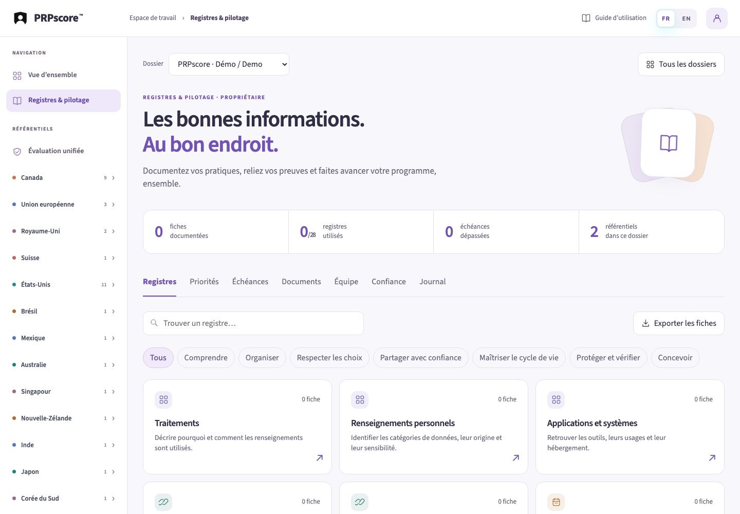 Bibliothèque PRPscore des 28 registres avec recherche, familles de registres et accès au pilotage